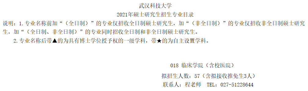 武汉科技大学临床学院关于预发布2021年硕士研究生招生专业目录的通知