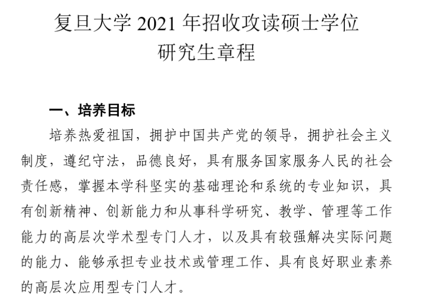 复旦大学2021年招收攻读硕士学位研究生章程