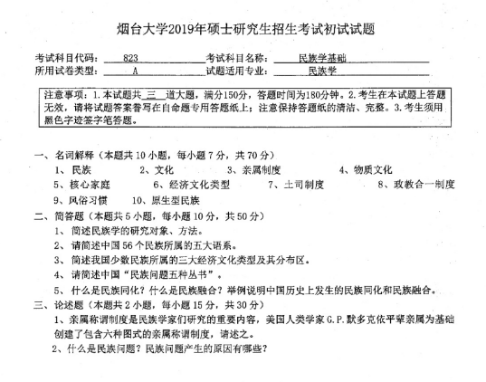 考研真题：2019年烟台大学马克思主义学院硕士研究生招生考试初试自命题-823民族学基础