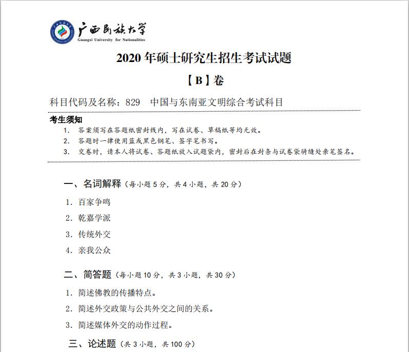 考研真题：广西民族大学2020年硕士研究生招生考试试题829中国与东南亚文明综合