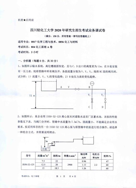 考研真题：四川轻化工大学2020年硕士自命题真题804化工原理