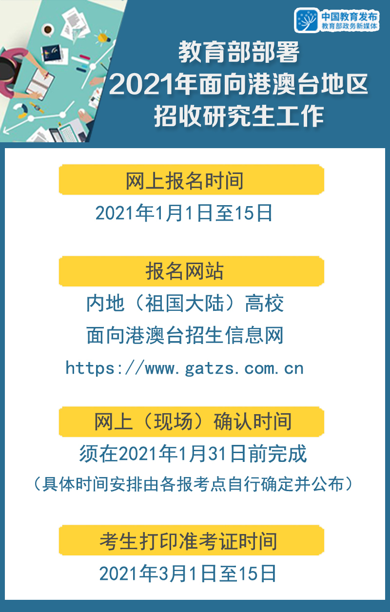 教育部部署2021年面向港澳台地区研招工作，明年1月1日起报名